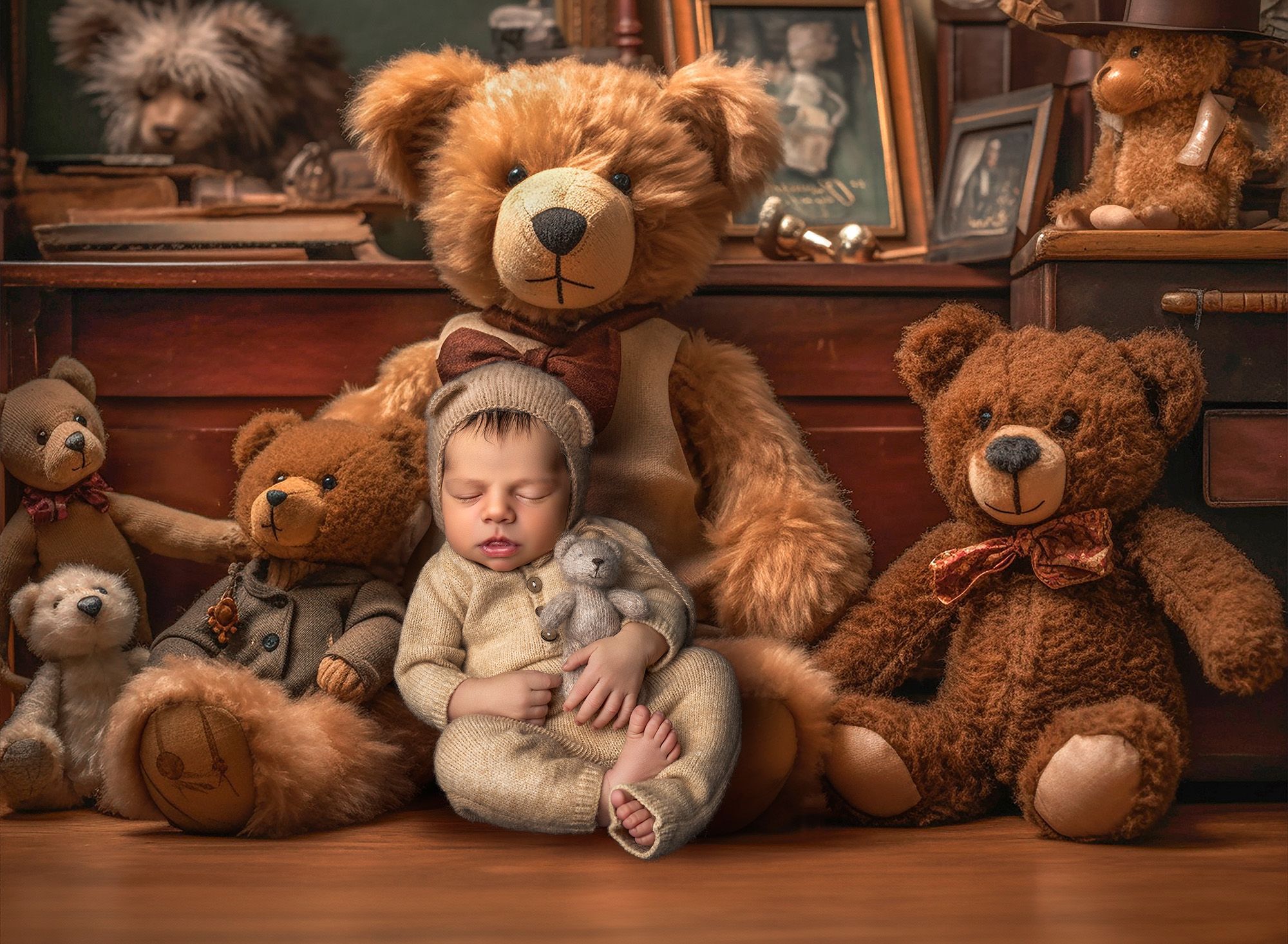 High-end newborn photography Connecticut Newborn Max in a bear romper surrounded by Teddy Bears, holding one tiny bear himself