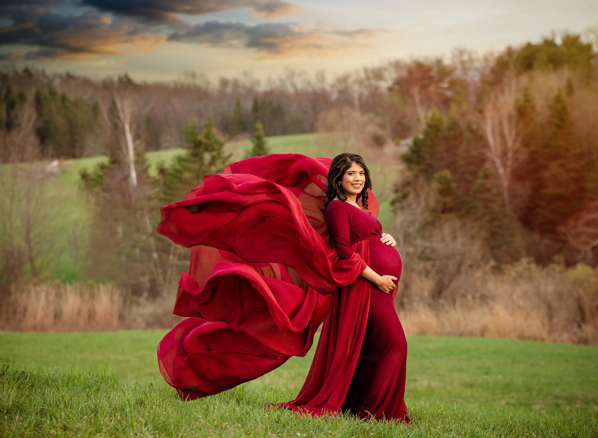 Stunning Red Dress for Winter Maternity Photos