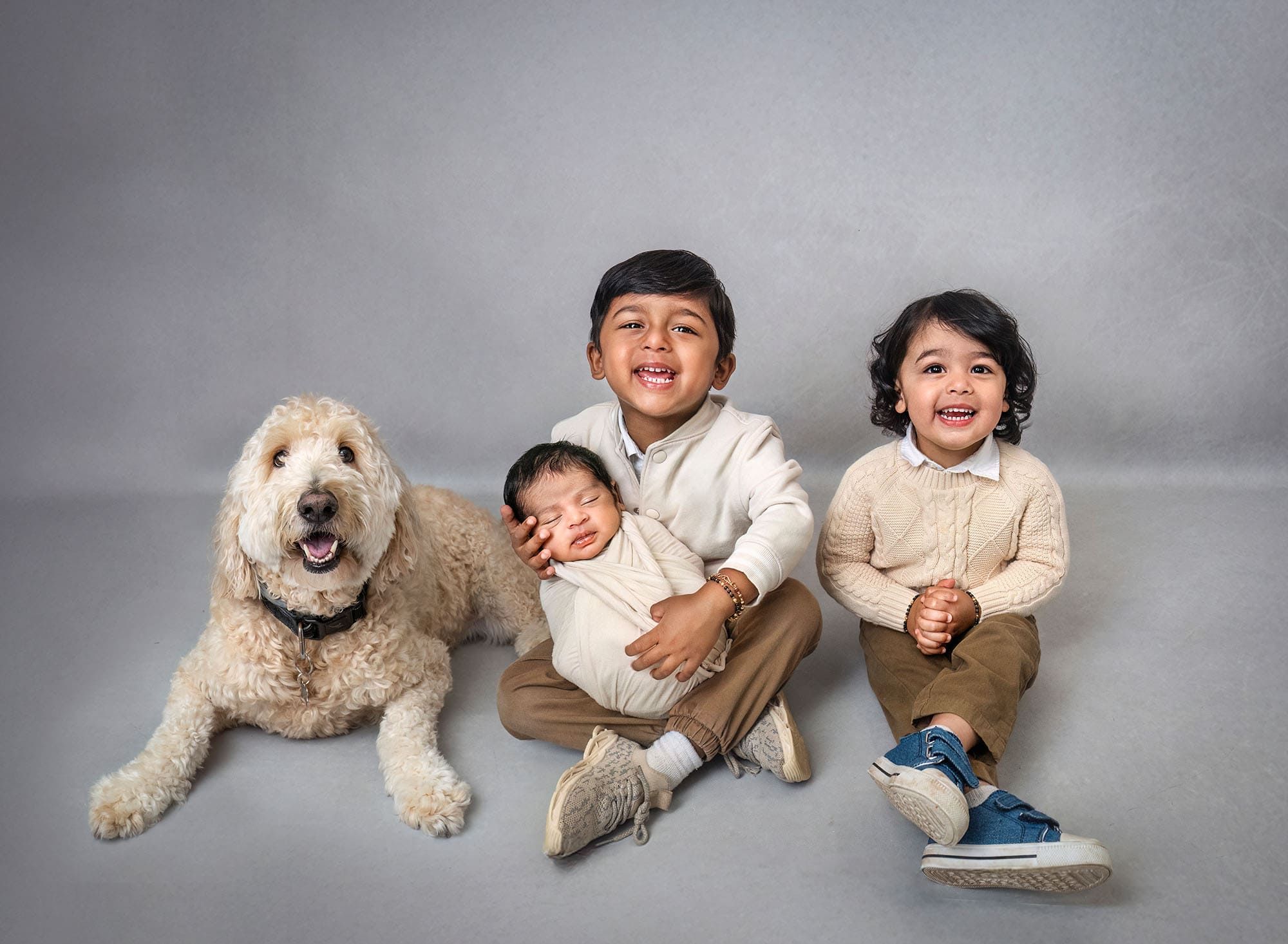 newborn and family photography of toddler brothers with baby and goldendoodle on studio floor