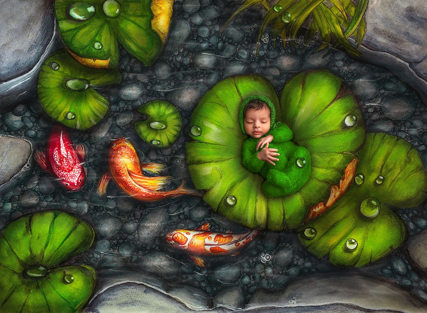 Newborn dressed as frog on Lilly pad surrounded by koi fish.
