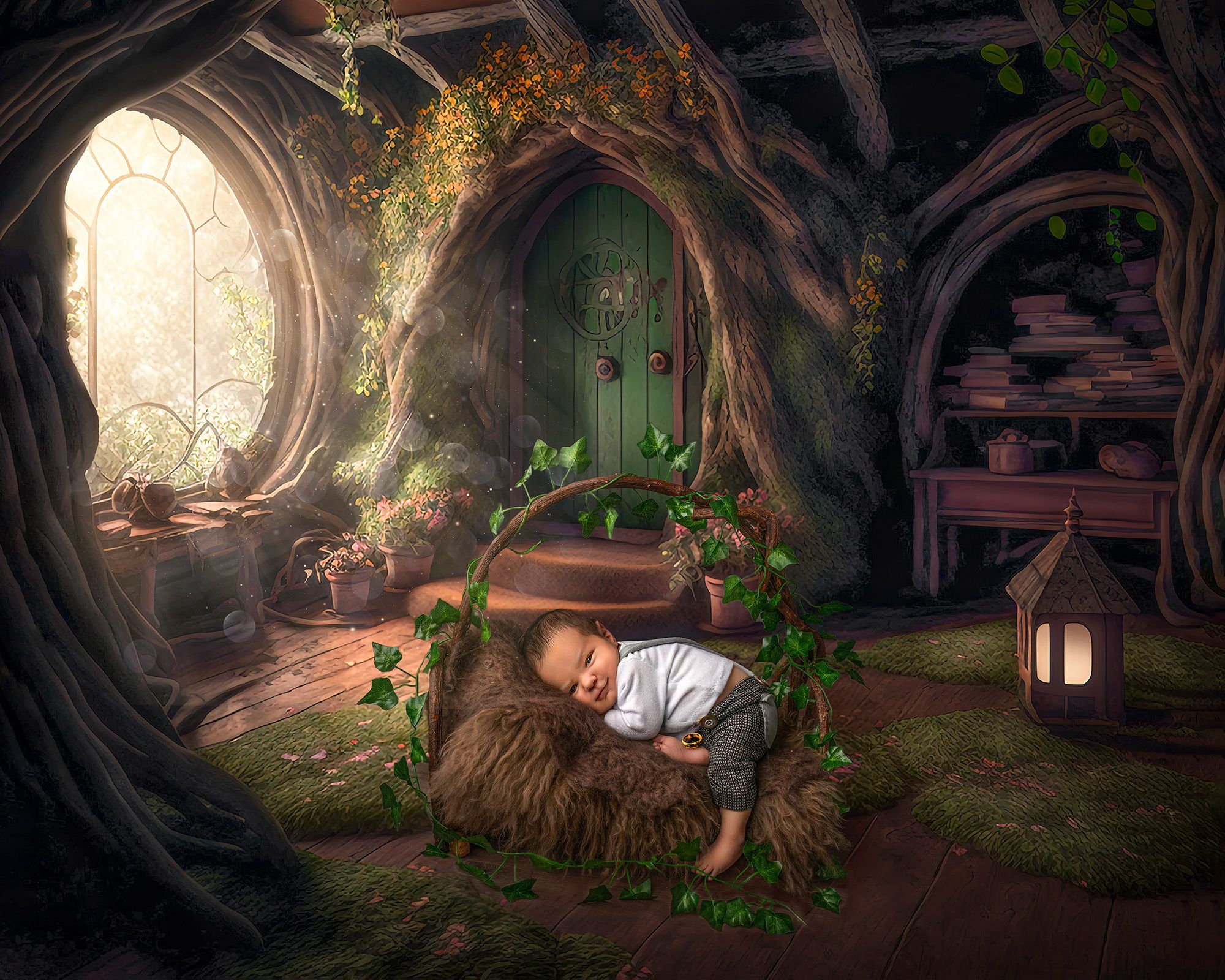 Newborn session with Siblings Hobbit theme with the baby dressed up as a hobbit in a hobbit house with the coveted ring resting on his foot and baby is smiling