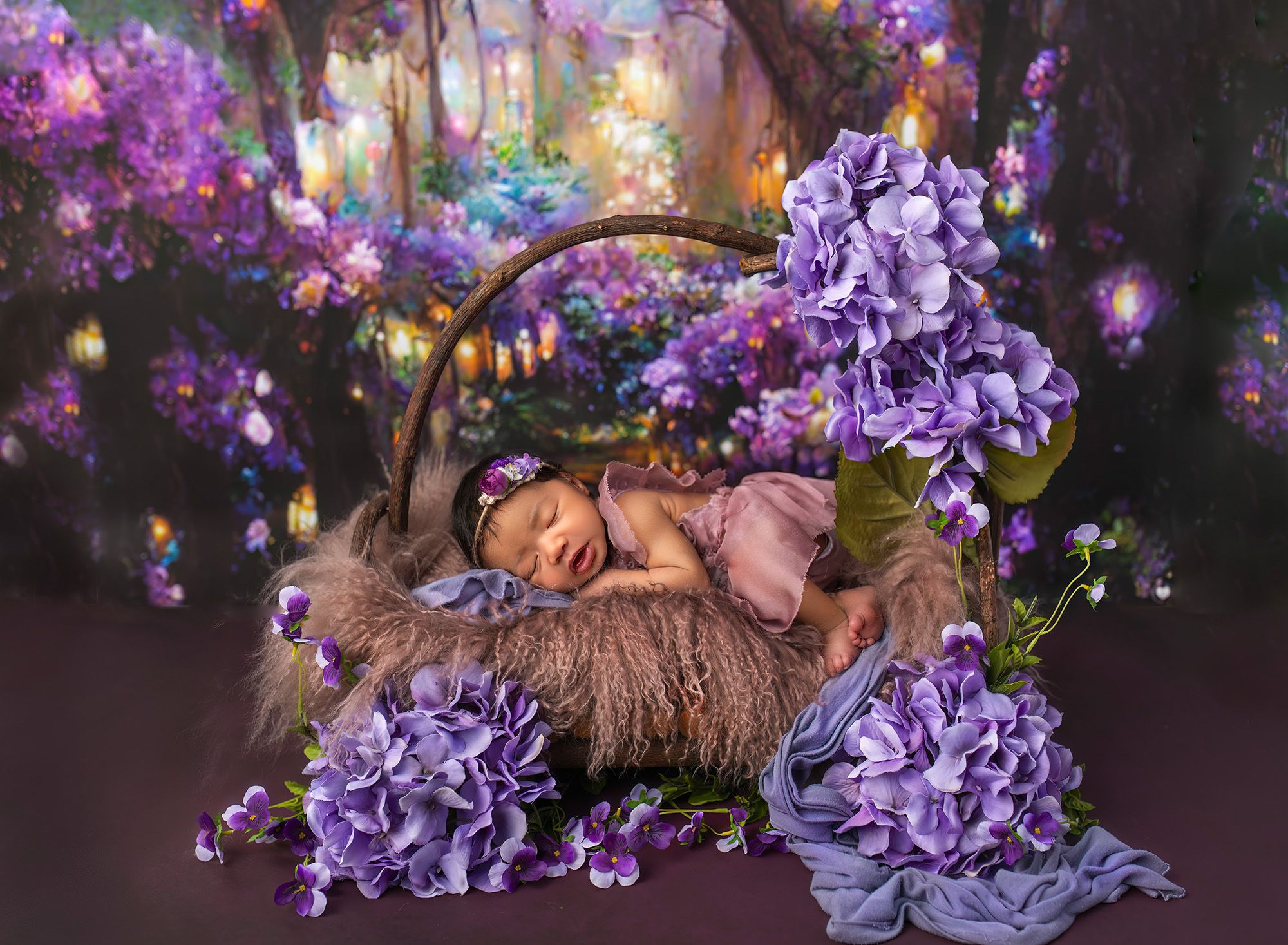 In Studio Newborn Photography little girl sleeping on rustic wood bed, surrounded by purple hydrangeas and fairy lights