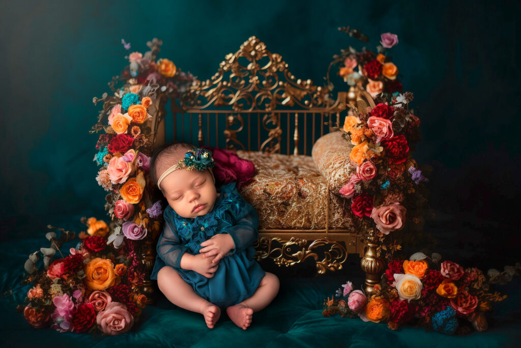 best time for newborn photos baby girl asleep on gold bed surrounded by colorful flowers