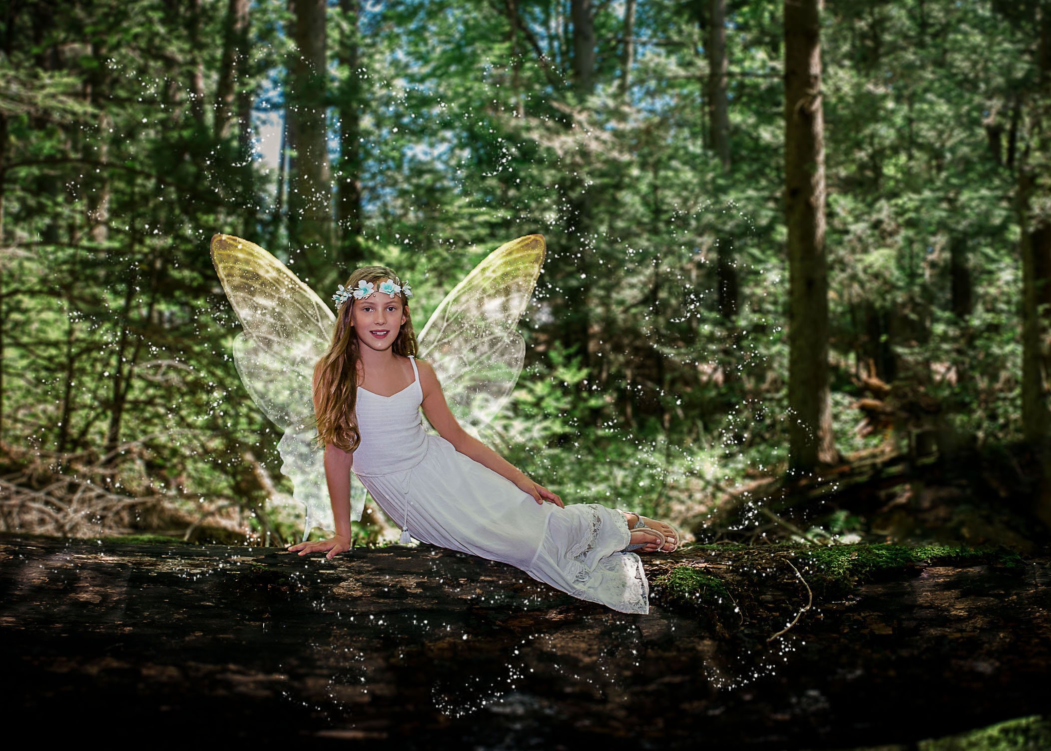little girl in white dress lying on log with fairy wings One Big Happy Photo