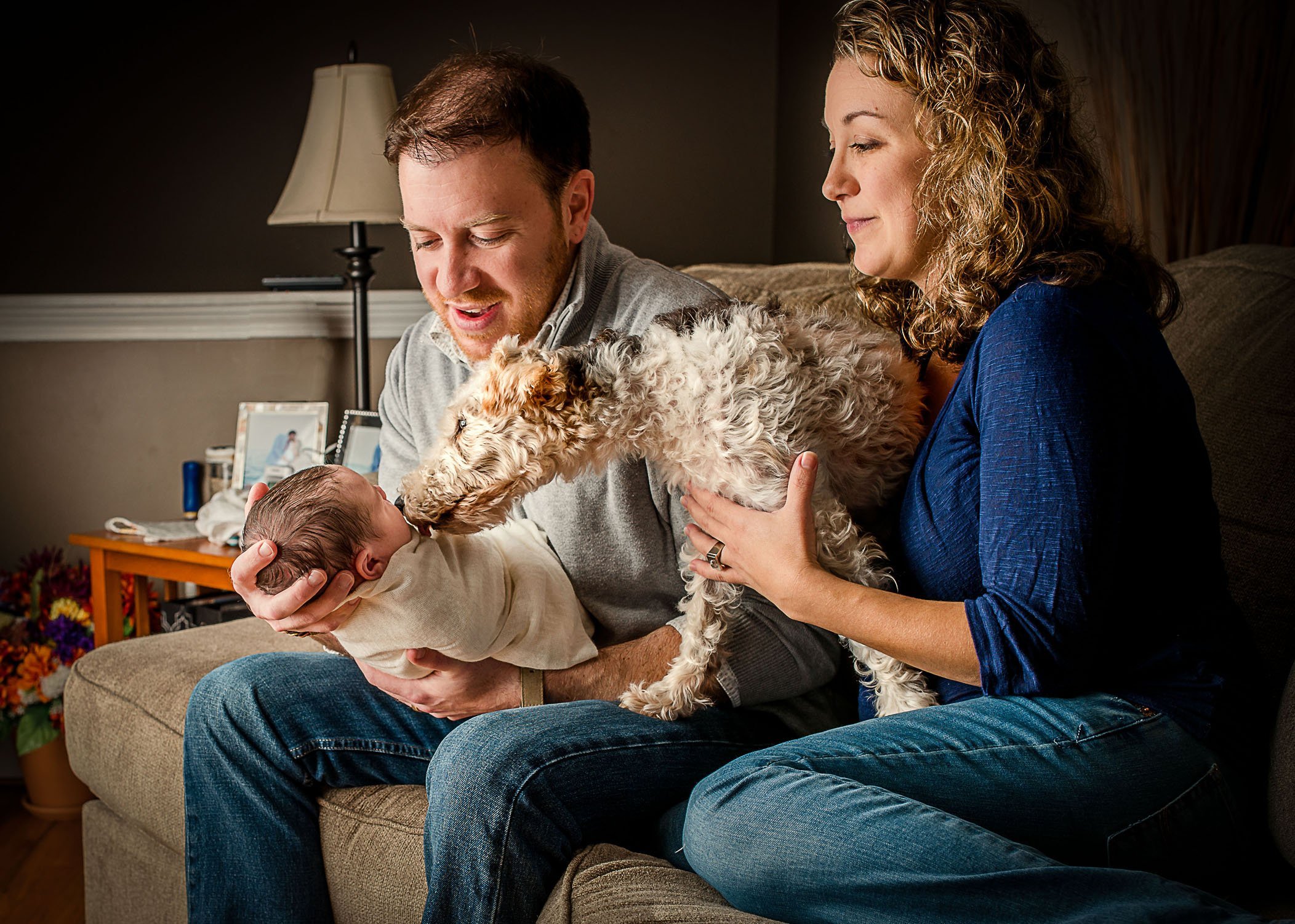 parents hold newborn baby while family dog kisses her on cheek One Big Happy Photo Amber Sehrt
