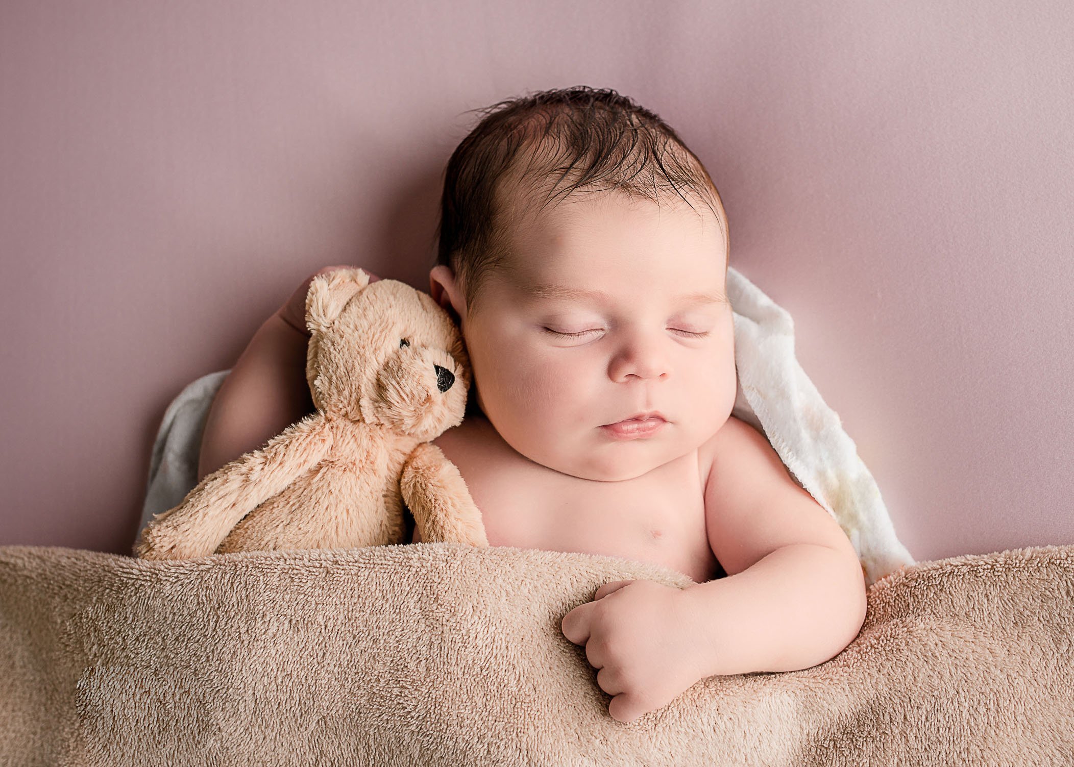 newborn baby girl sleeping with teddy bear One Big Happy Photo Amber Sehrt