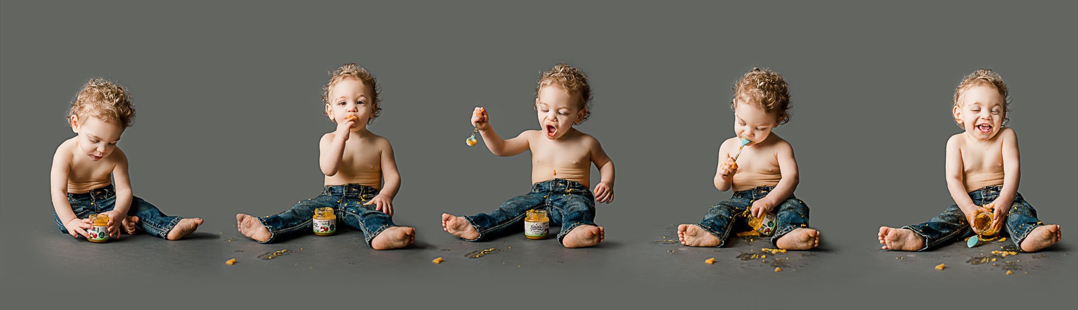 5 images blended across of toddler eating a jar of food from beginning to end One Big Happy Photo