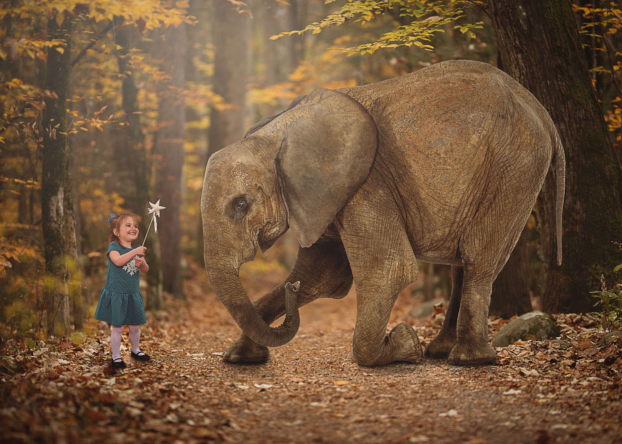 toddler girl commanding an elephant with her wand