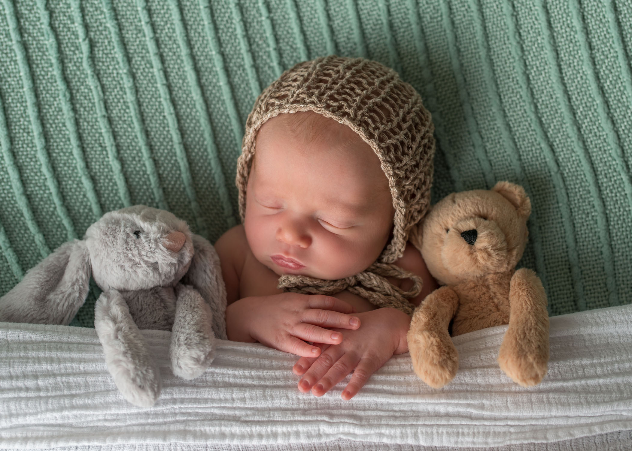 newborn boy sleeping with 2 stuffed animals One Big Happy Photo