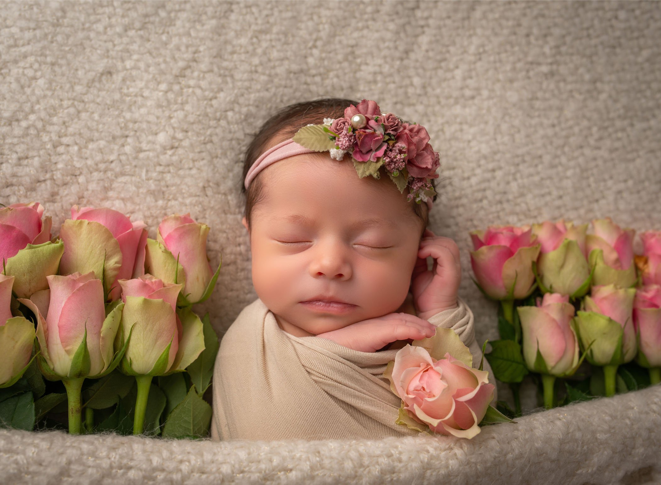 newborn baby girl sleeping surrounded by pink variegated roses