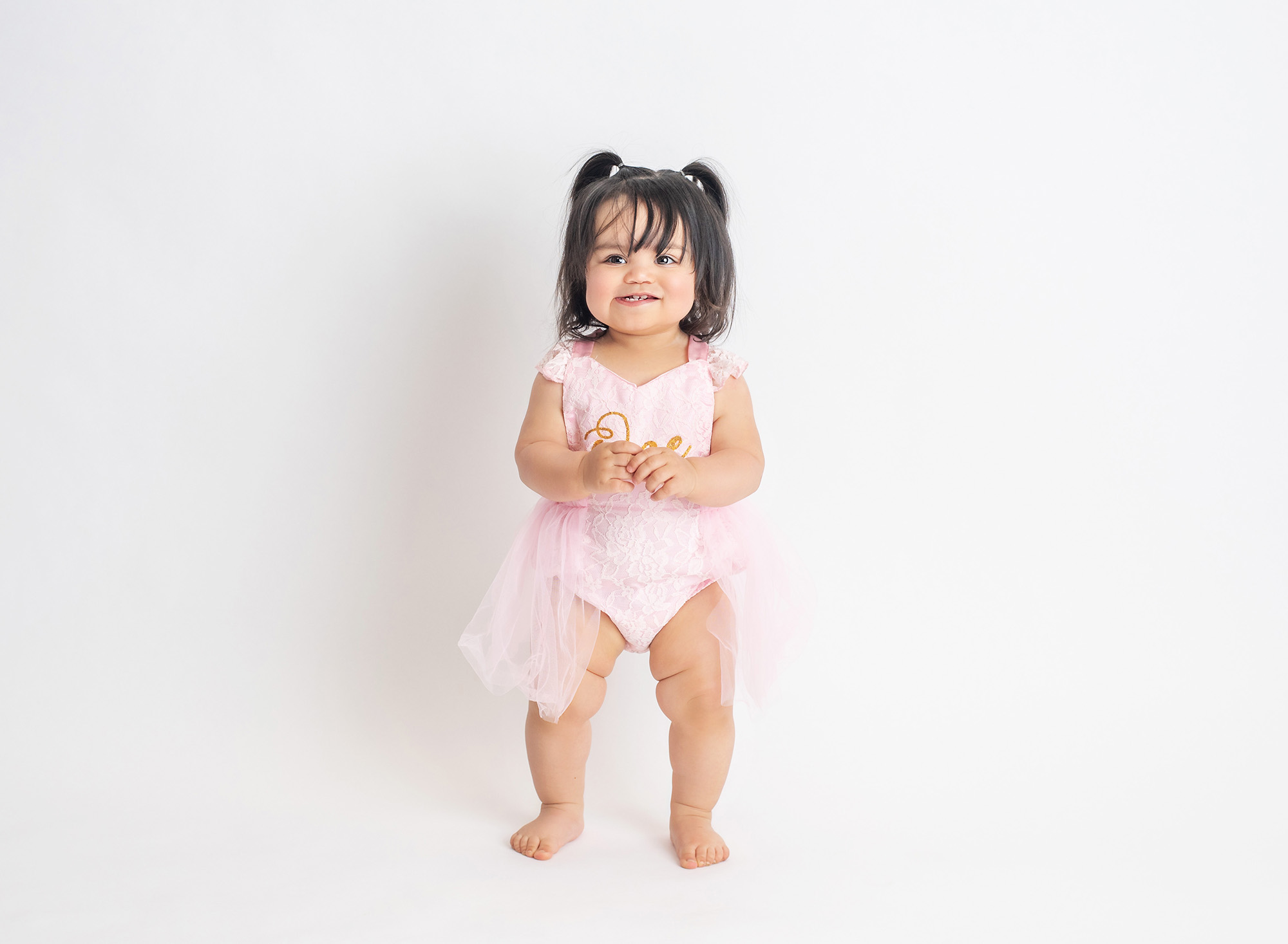 One Year Old Photo Session one year old baby girl in pigtails and pink laced one dress standing and smiling on neutral background