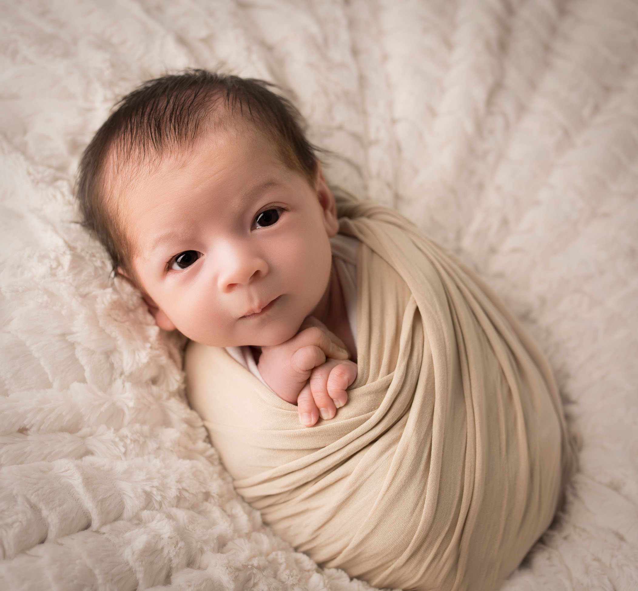 newborn baby boy wrapped in swaddle awake and calm
