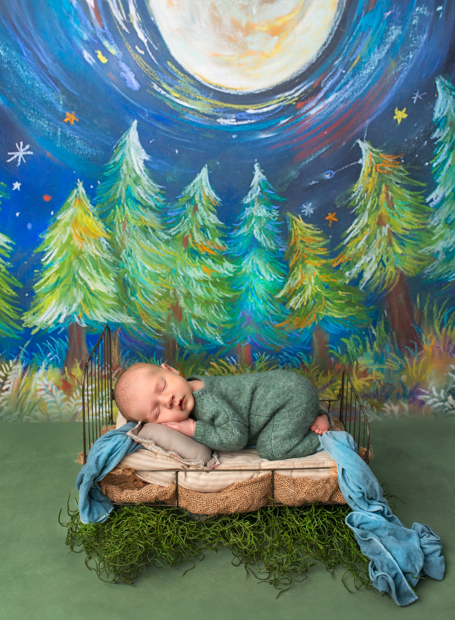 Family Photography with Newborn Owen asleep in a green romper on a wired bed in a forest scene