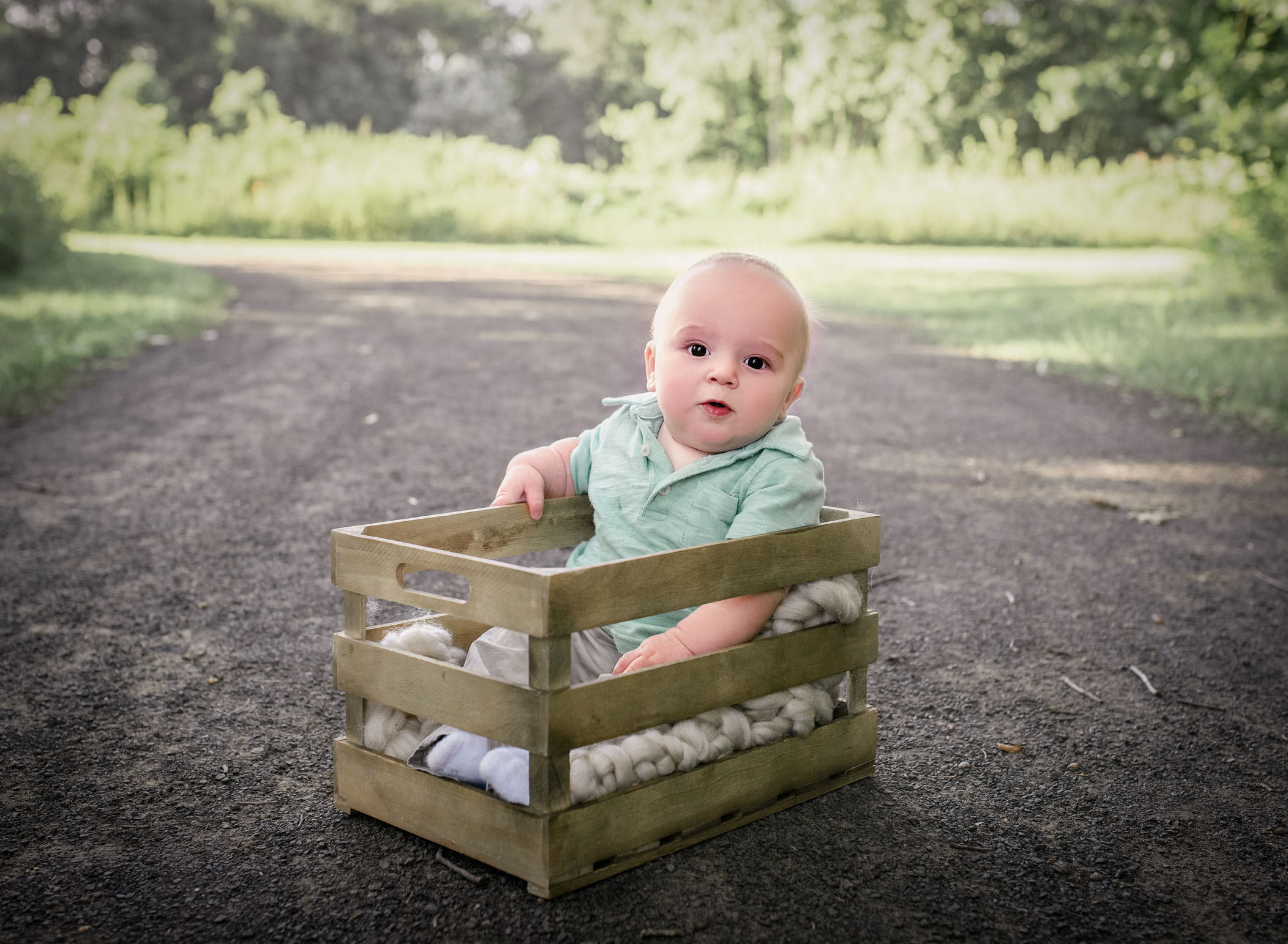 6 month old baby boy sitting in a crate on a path in the garden
