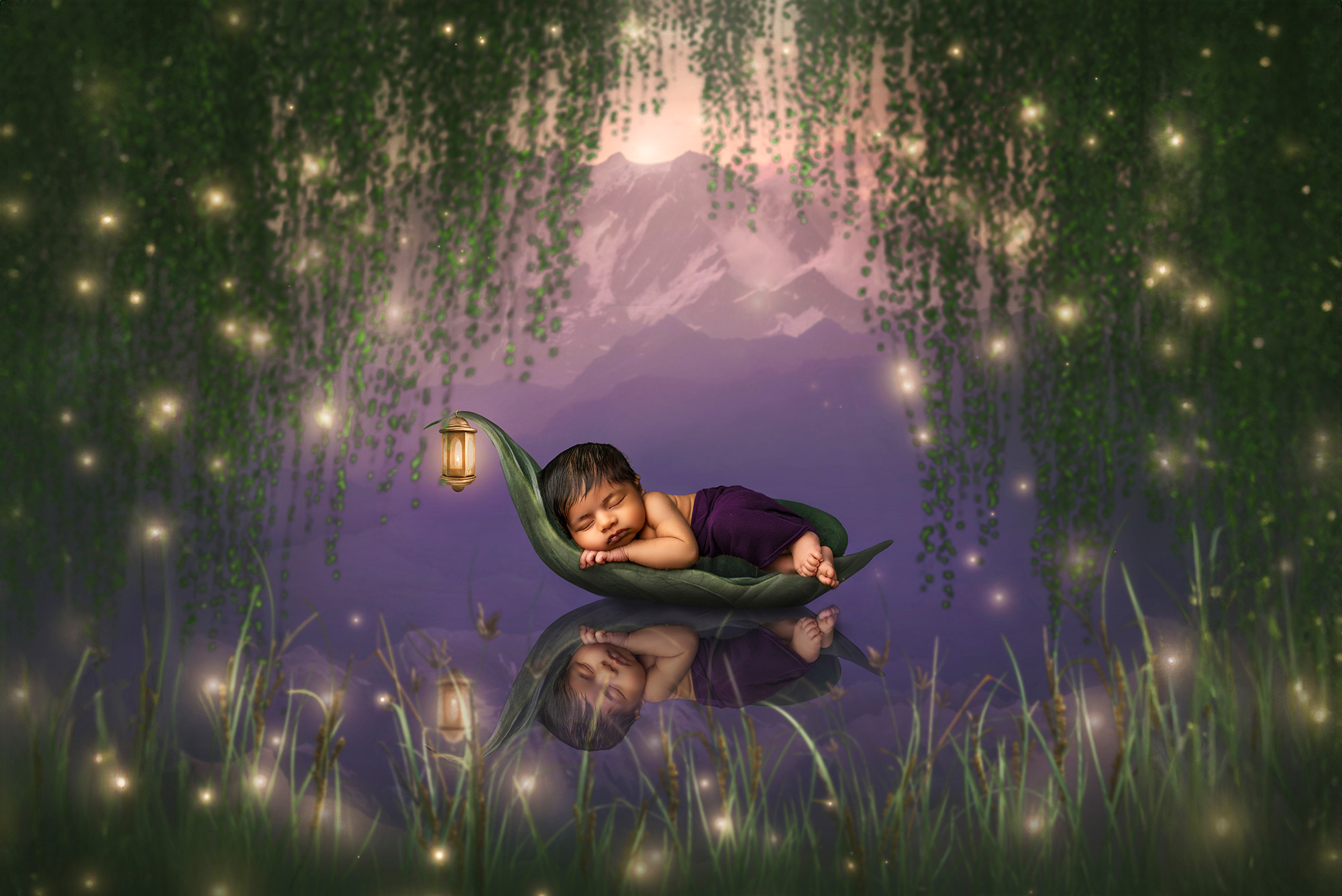 baby boy sleeping on a leaf boat on a mountain lake with a lantern and fireflies all around Fine Art Newborn Photography