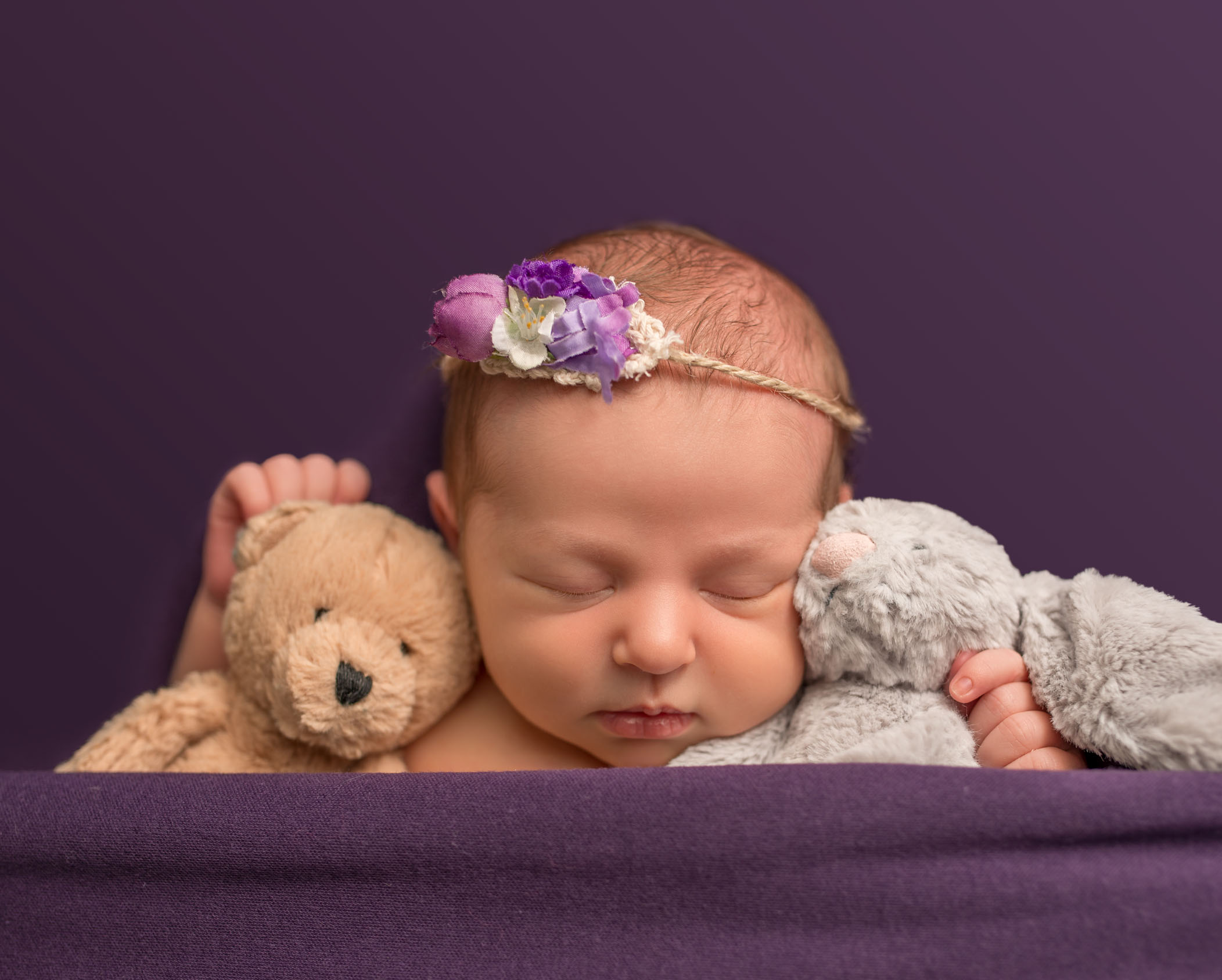 newborn girl sleeping in purple bed with her stuffed animals