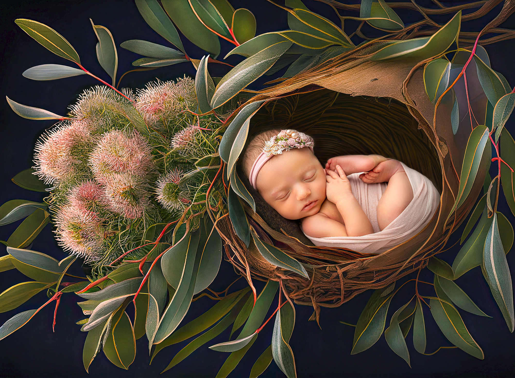 Newborn Family Photographer Nestled in a bird's nest amidst pink flowers, this sleeping newborn embodies the beauty of nature's embrace