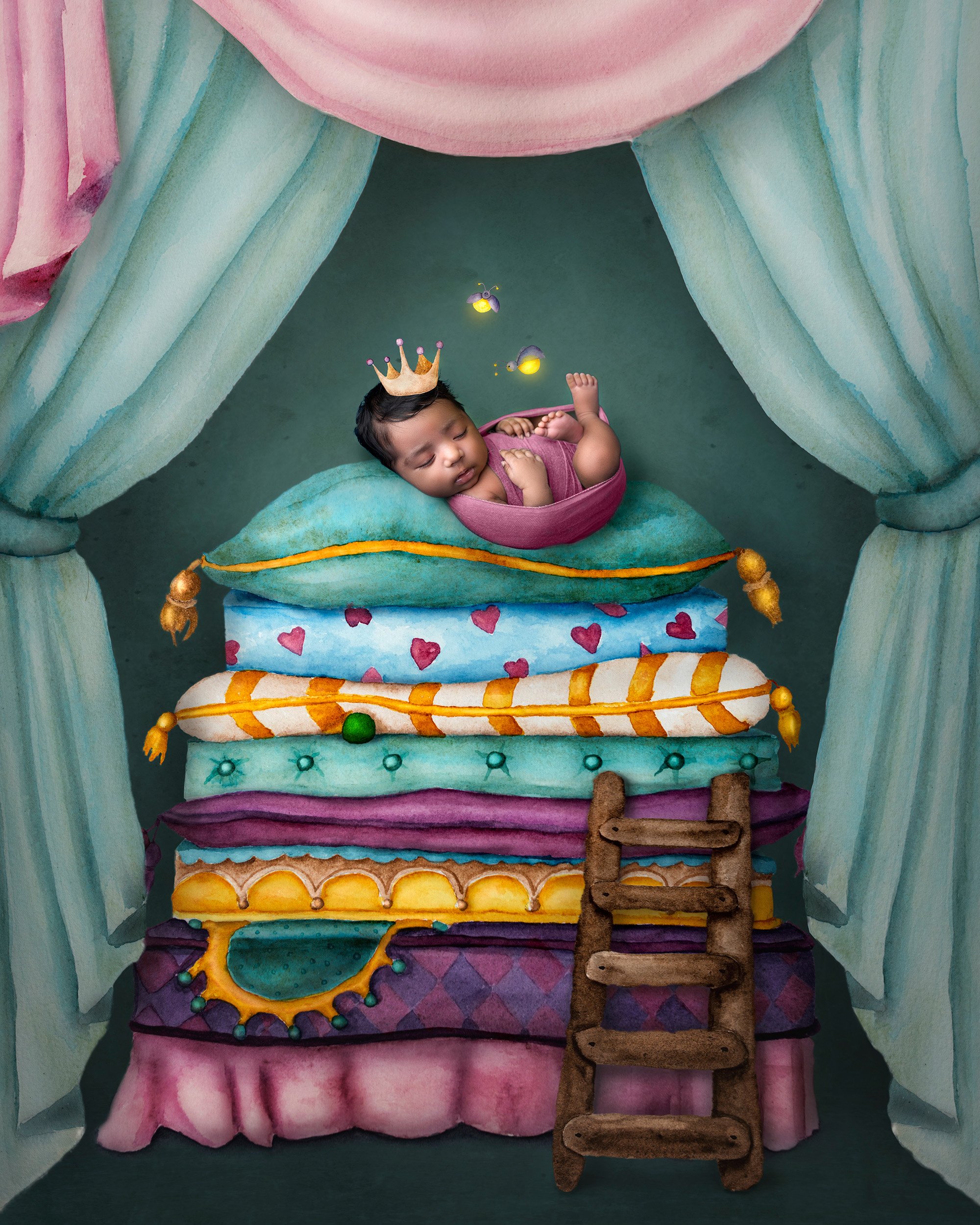 Newborn Girl Photography newborn baby girl wearing a crown happily asleep on a stack of fairytale beds