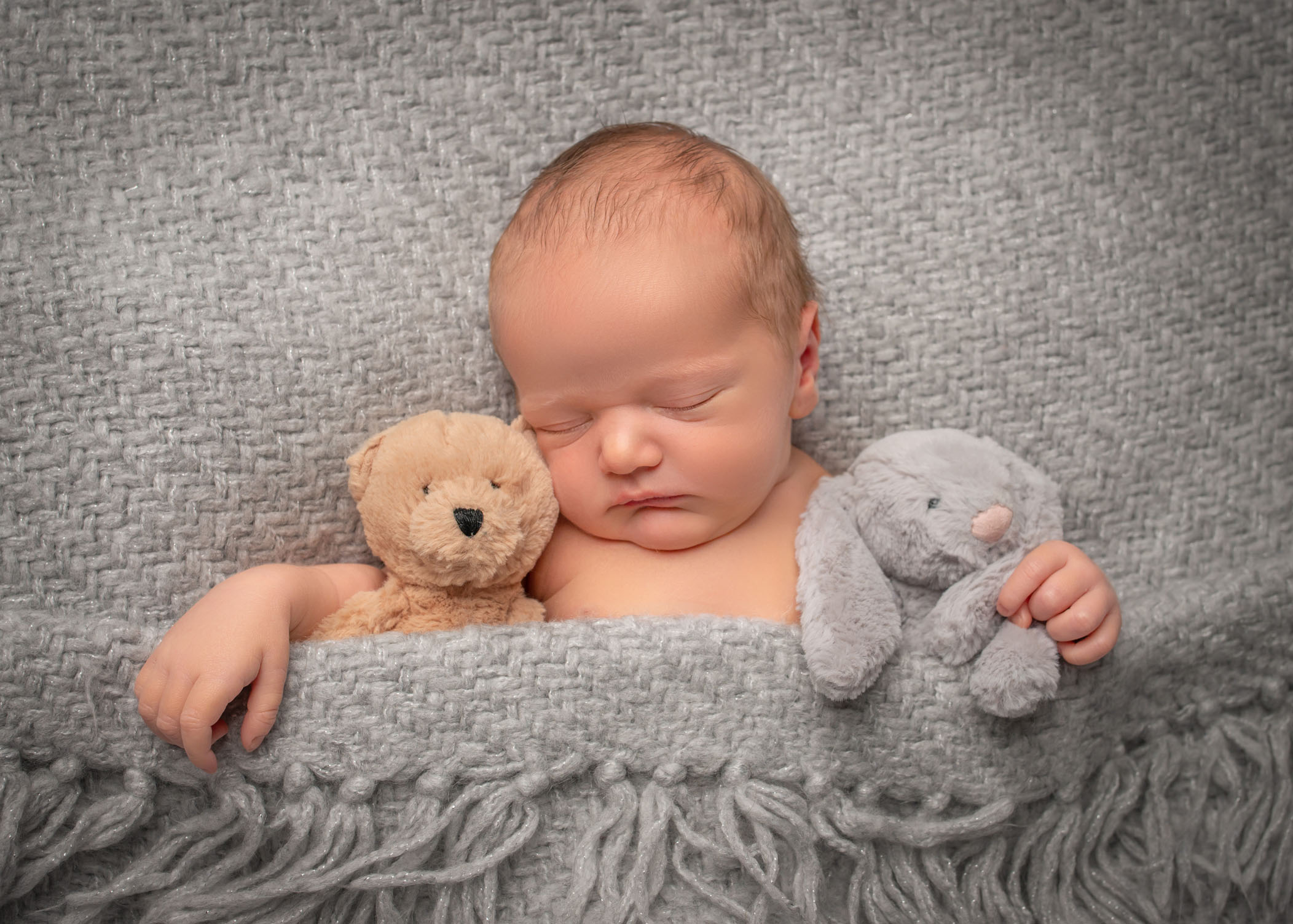 Newborn baby sleeping under grey blanket with two stuffed animals