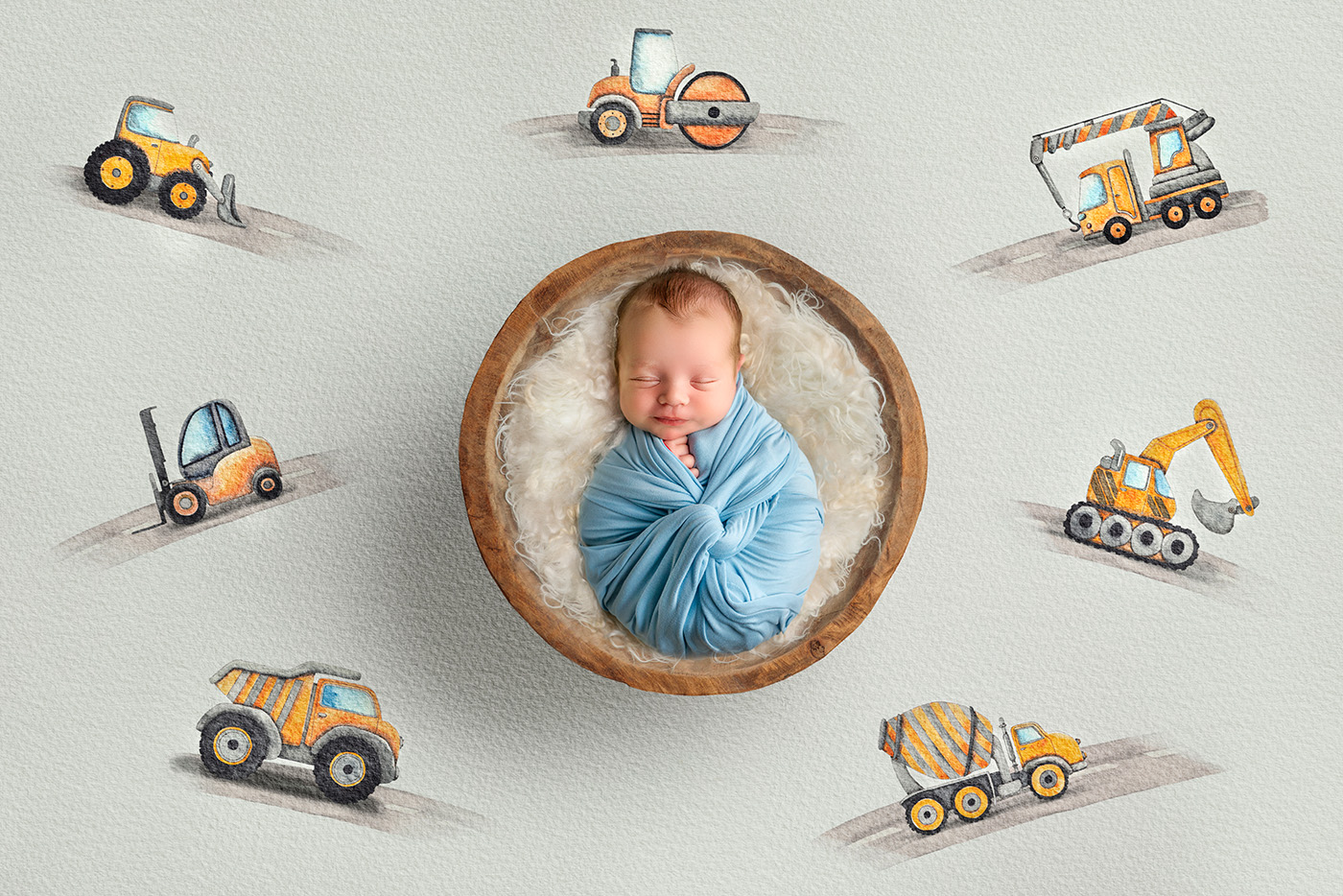 baby Joseph peacefully sleeping amidst a backdrop of construction machinery