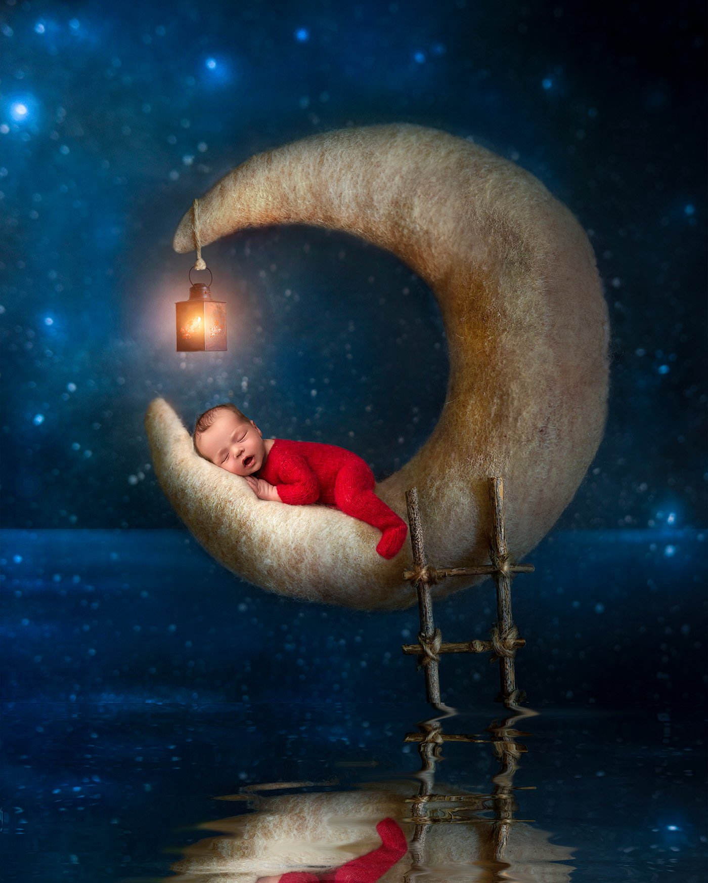 sleeping on the crescent moon with a hanging lantern above his head 