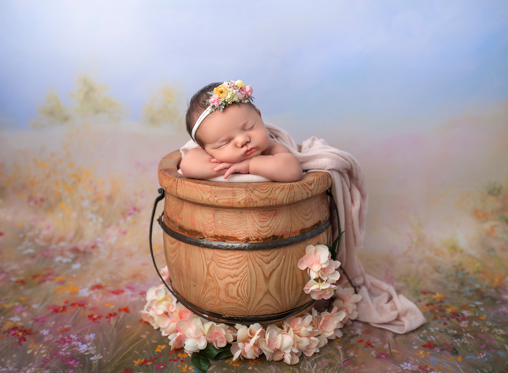 Newborn Studio Photography Newborn girl asleep inside a honey pot among a field of wildflowers