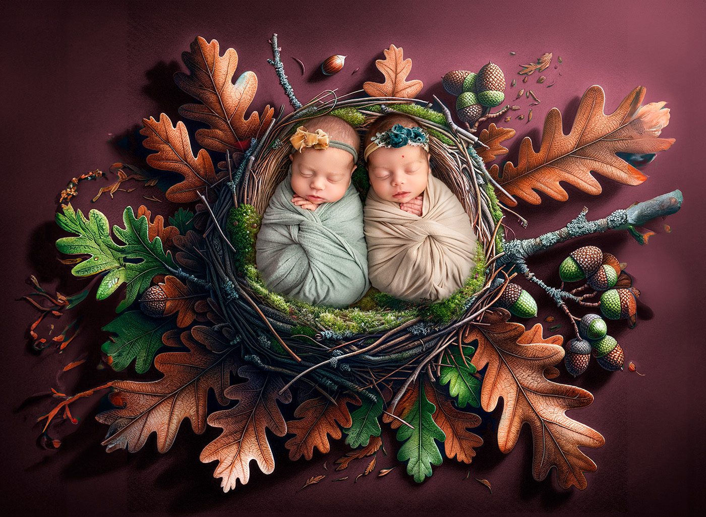 newborn twin photography twin baby girls sleeping in a woodland nest surrounded by oak leaves and acorns on a maroon background 