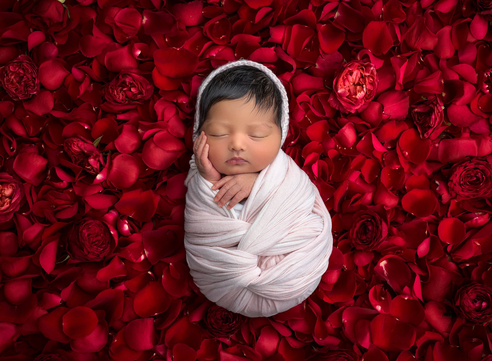 newborn baby girl asleep on bed of rose petals