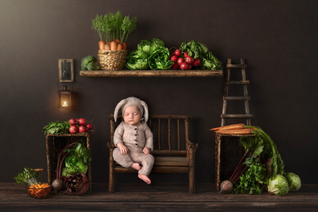 best time for a newborn shoot baby dressed as a bunny with fresh vegetables all around
