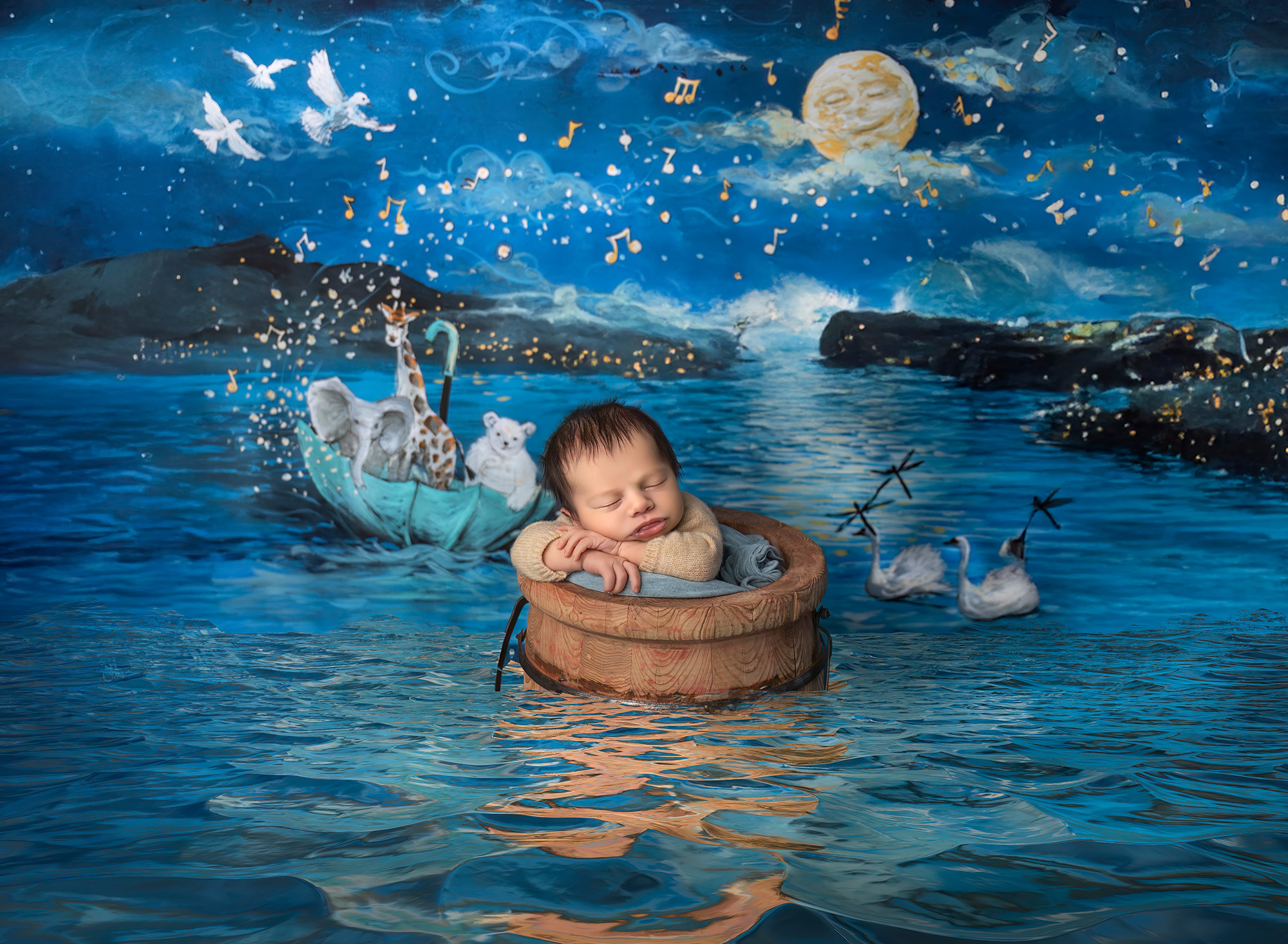 High-End Newborn Photography Connecticut newborn boy sleeping in a floating bucket with the characters from On the Night You Were Born