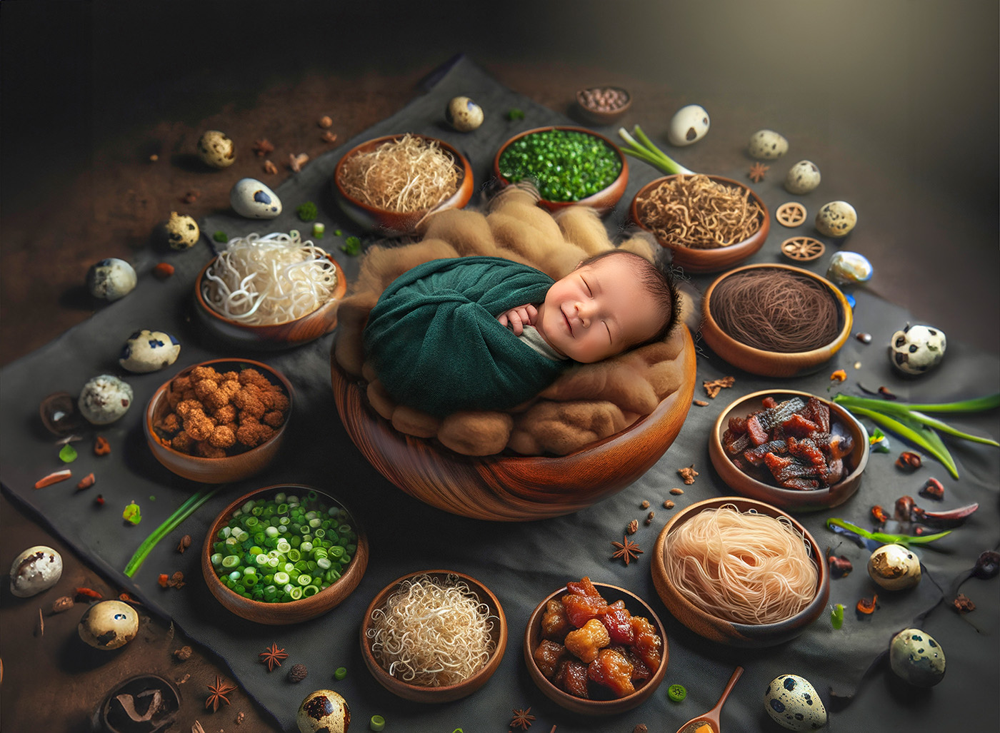 newborn baby smiling sleeping in a bowl of fluff surrounded by the ingredients for a vietnamese soup