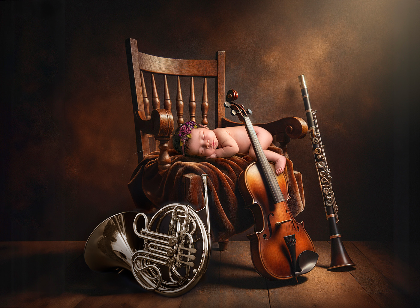 Luxury Newborn Photograph newborn baby sleeping next to parents French Horn, violin and Obo.