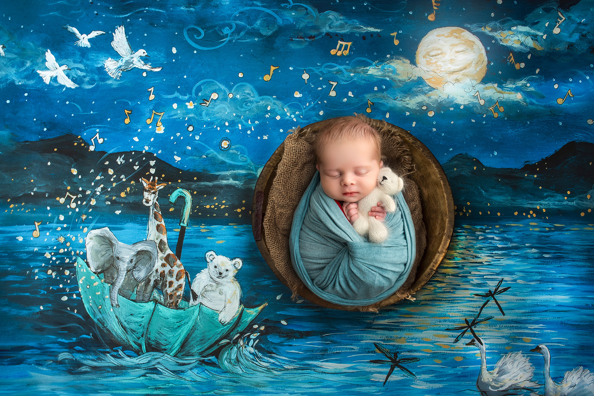 Newborn baby boy asleep in a bowl, holding a teddy bear against a bedtime story backdrop