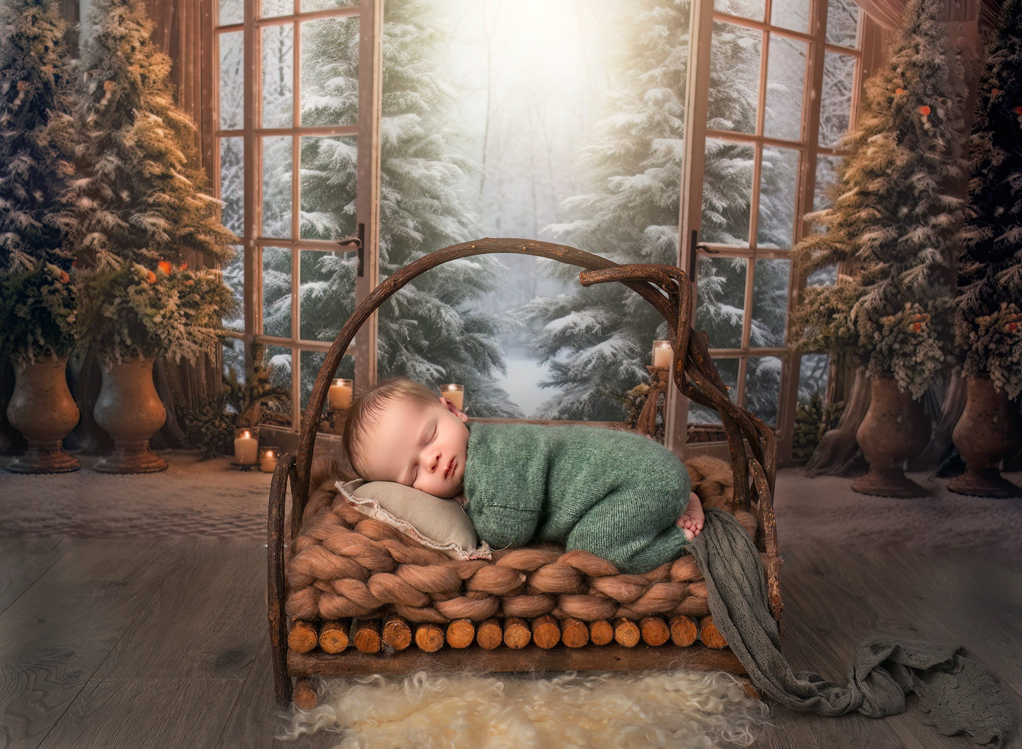 Newborn boy asleep on a wooden rustic bed against a winter scene of snow-coated pine trees