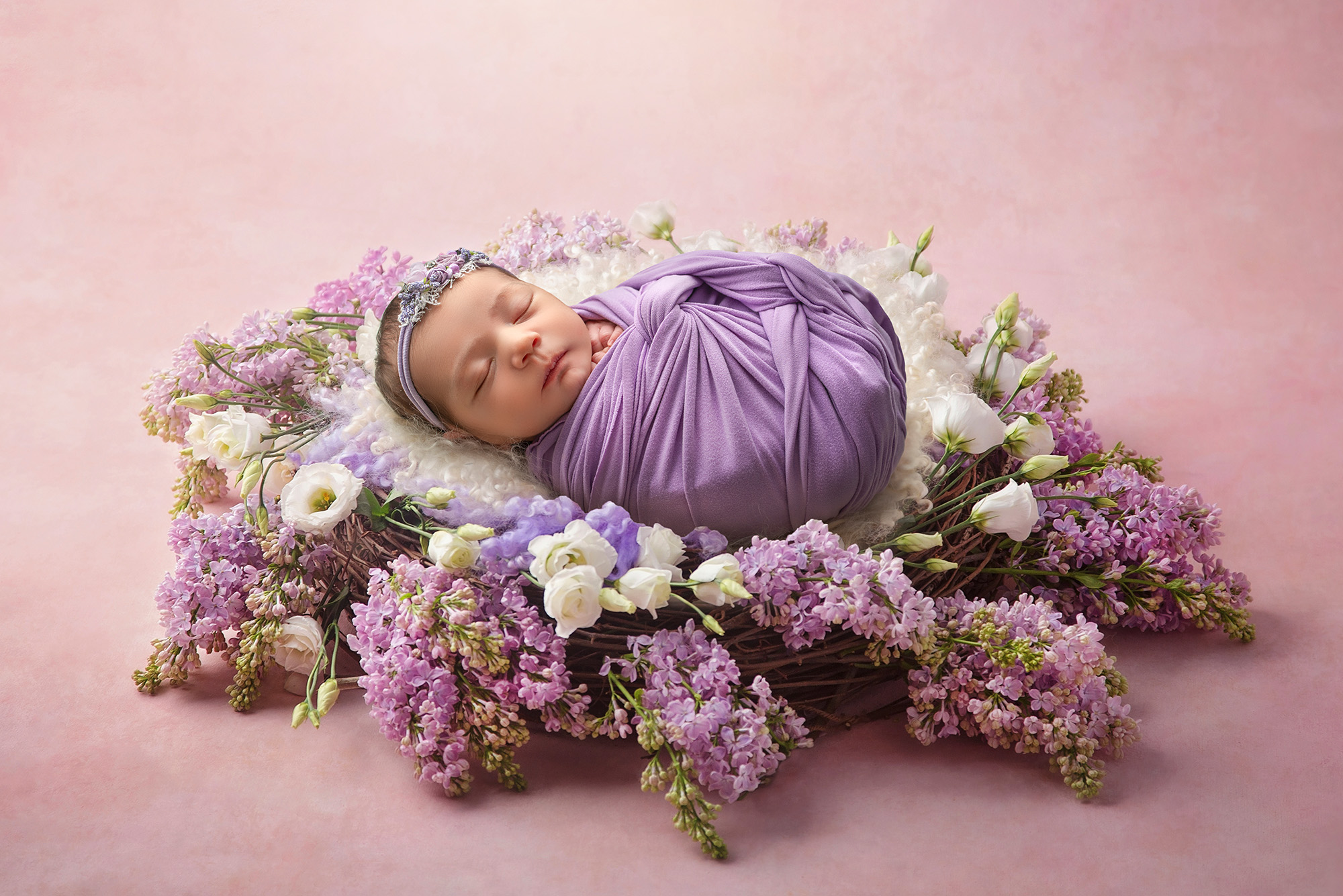baby girl wrapped in purple surrounded by purple and white florals on a pink background