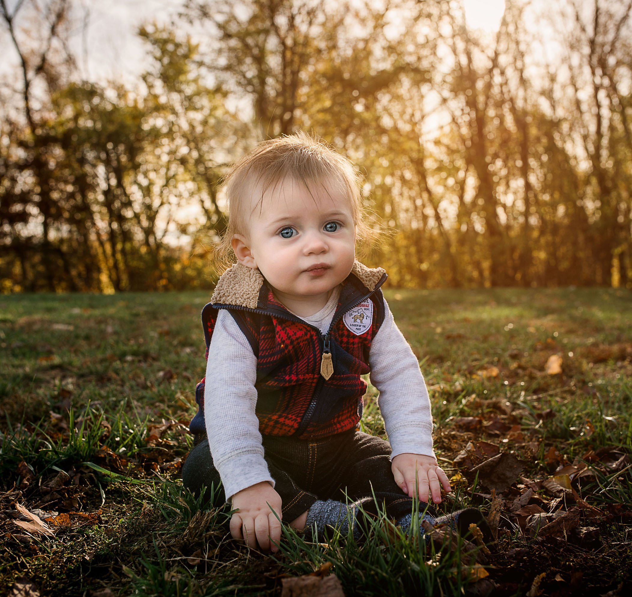 6 month old baby boy sitting outside with golden light coming through the trees in fall