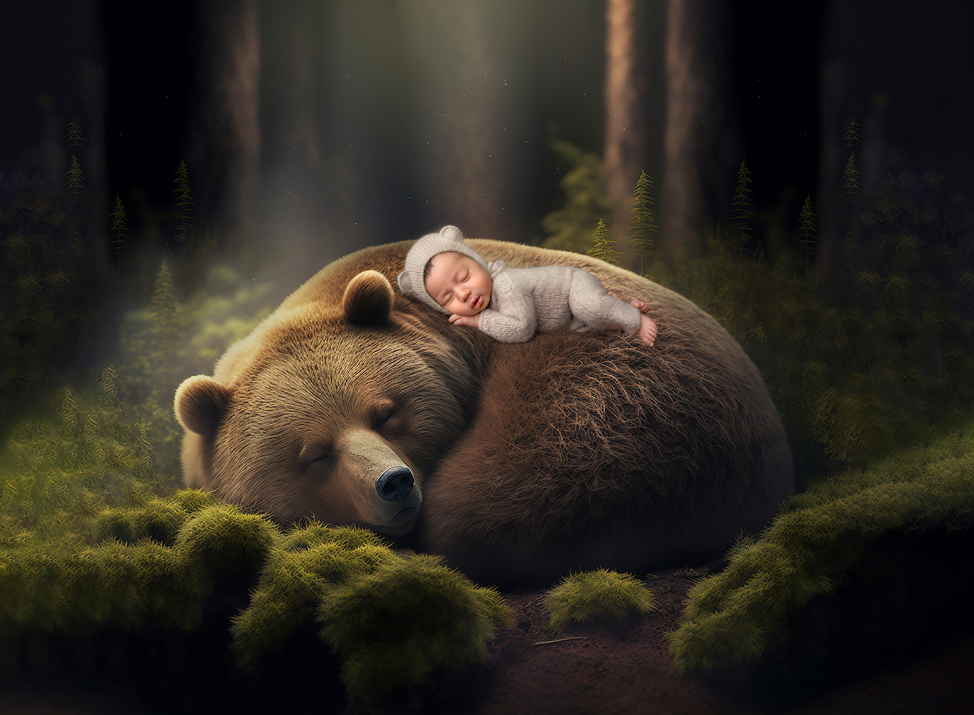 posed newborn photography session newborn sleeping on a brown bear