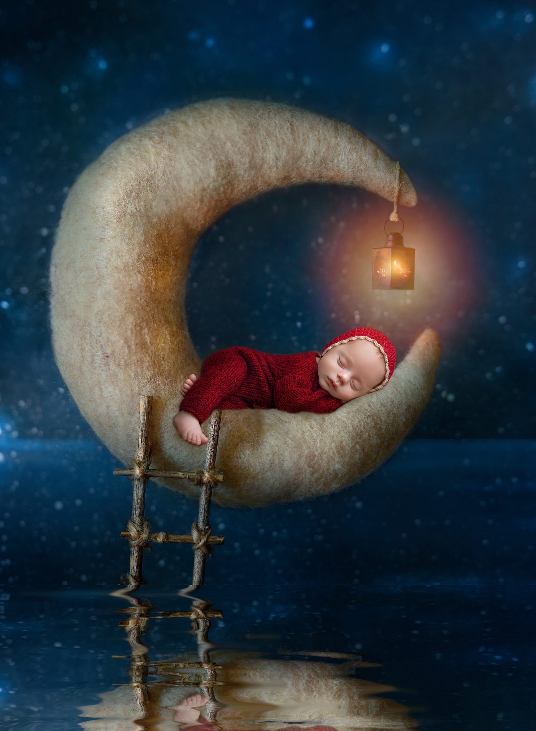 award winning newborn photography newborn baby boy dressed in red asleep on a crescent moon shadowing the water on a starry background