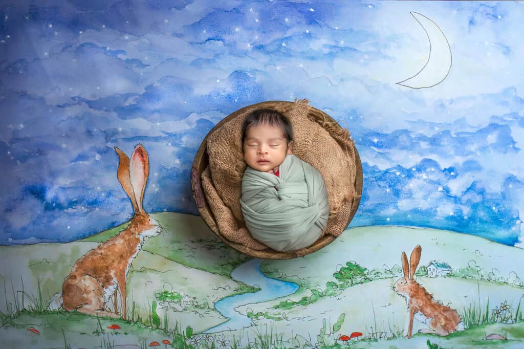 newborn and family photography scene with sleeping baby in sage wrap under moonlit watercolor sky and rabbits