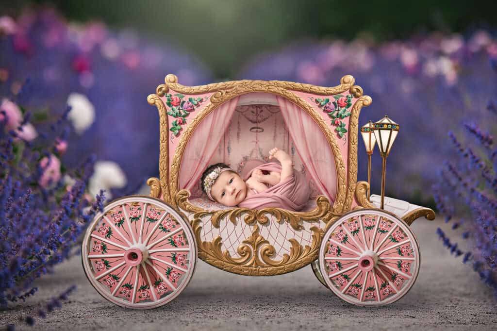 newborn photos with siblings — Violet posed in a pink storybook carriage