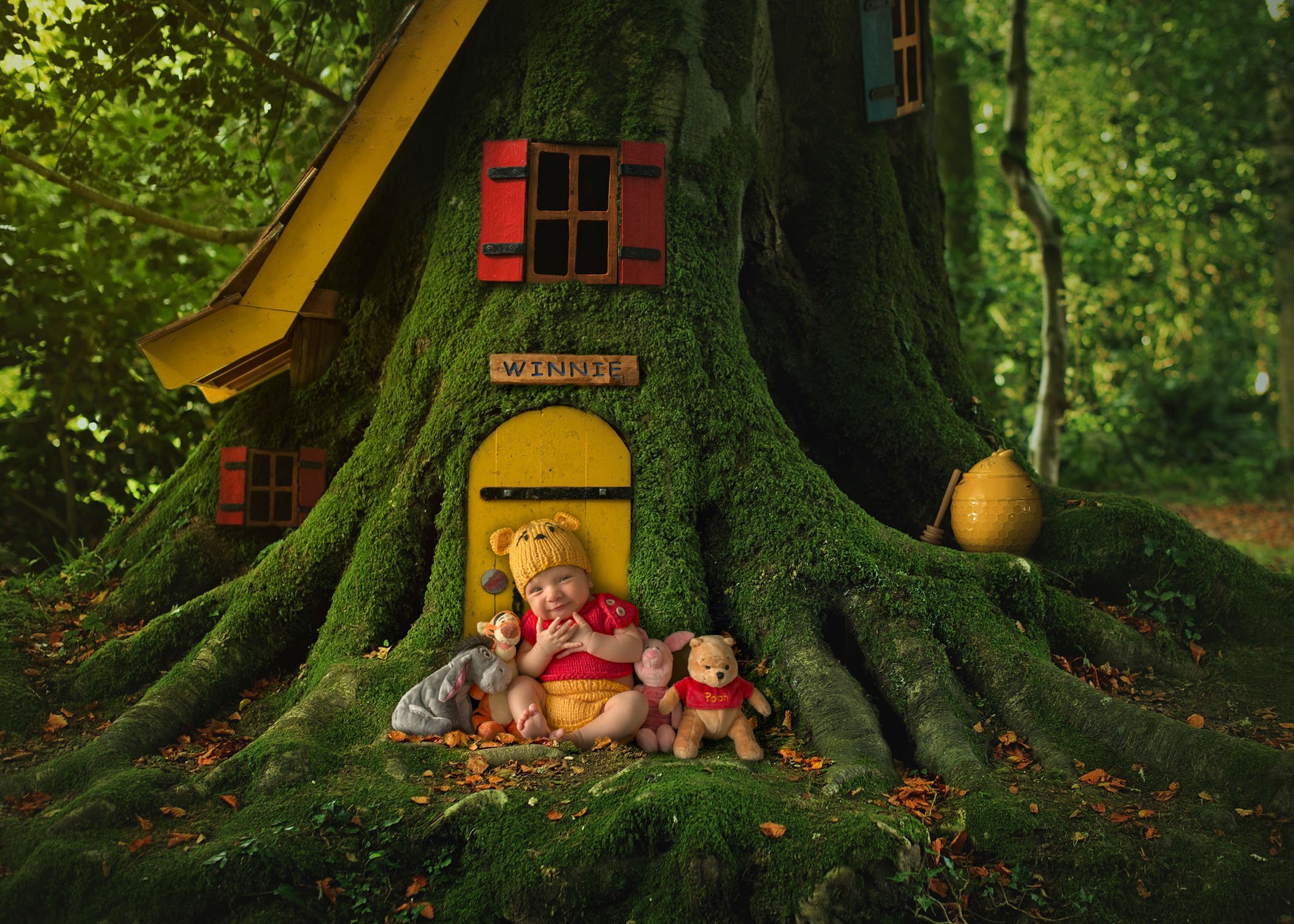 Newborn baby boy sitting in front of Winnie the Pooh's house with all his stuffed animal friends