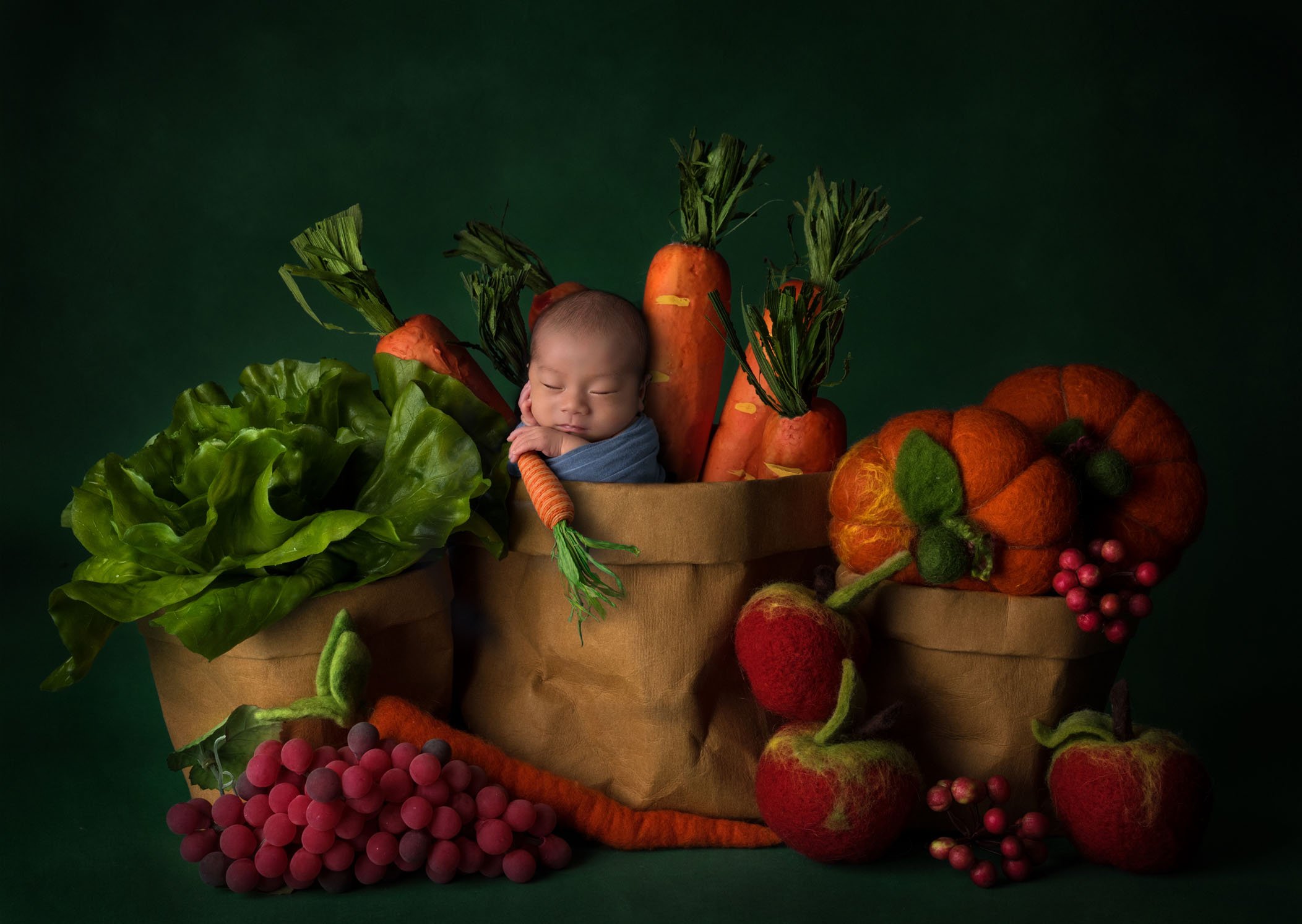 creative newborn photos newborn baby sleeping in grocery bag filled with felted vegetables