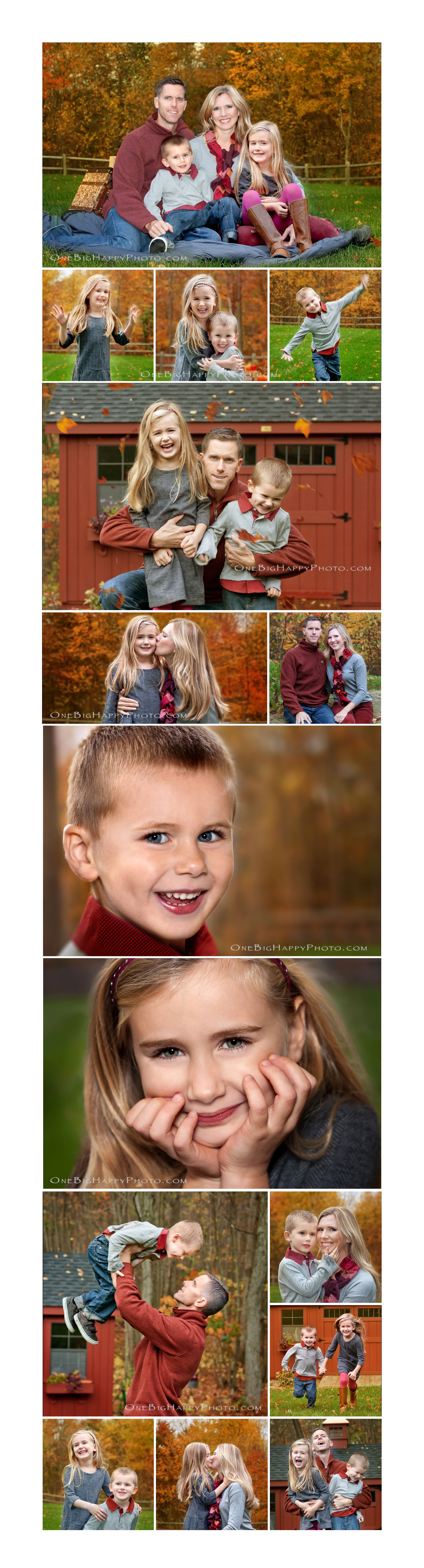 Mom, Dad, young son and young daughter family photos in the fall leaves while it was raining