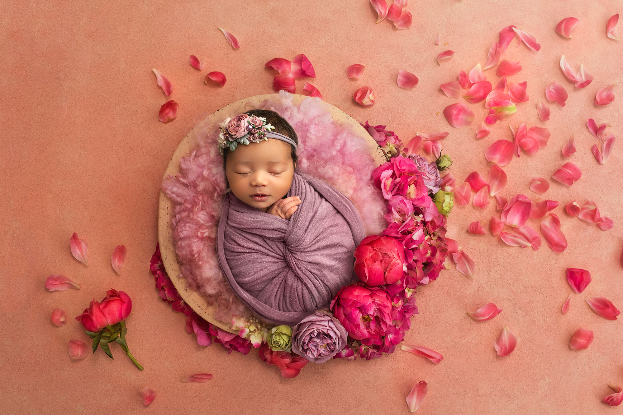 In Studio Newborn Photography newborn baby girl sleeping in a bowl surrounded by dark pink peonies