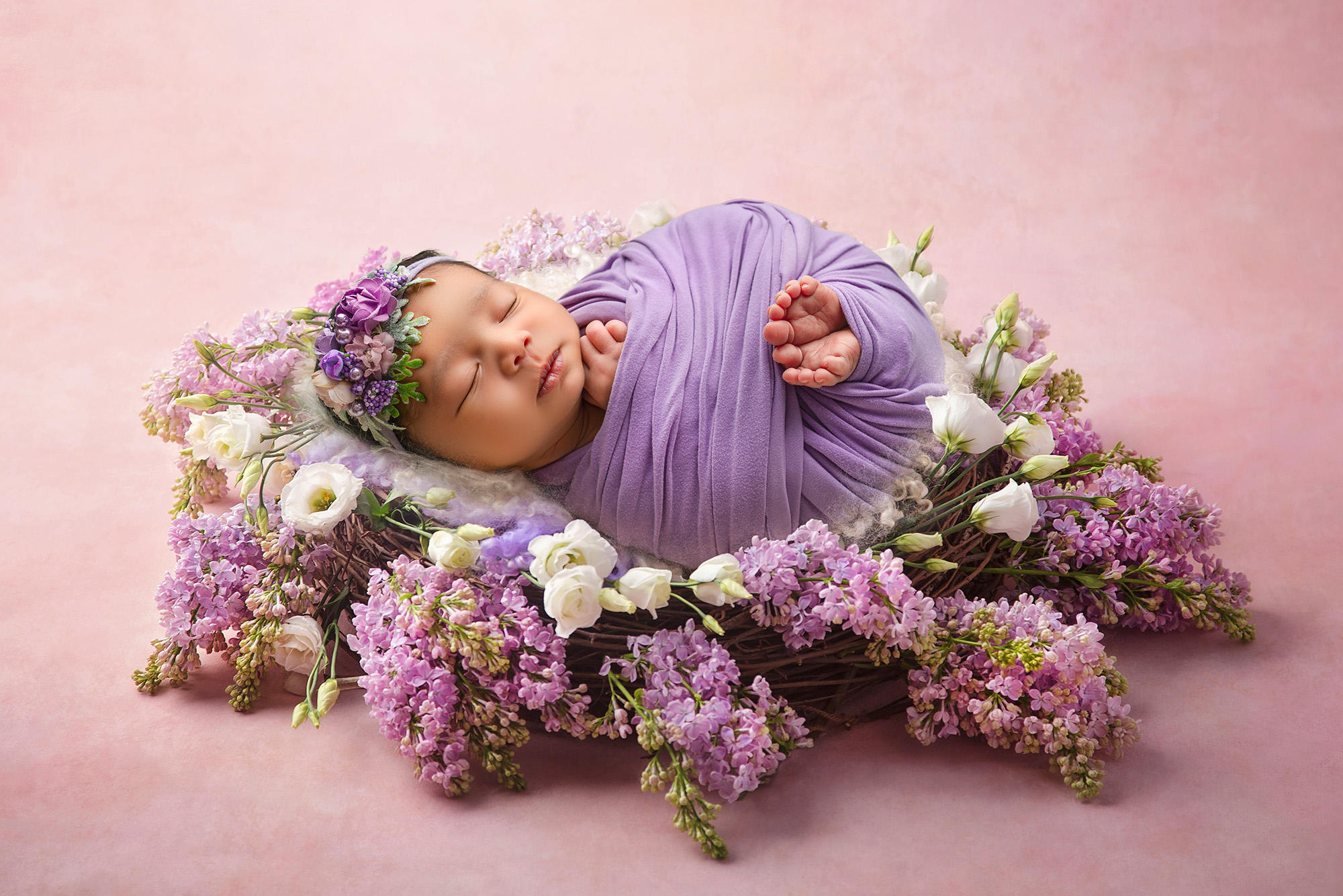 newborn baby girl sleeping in a nest of purple lilacs