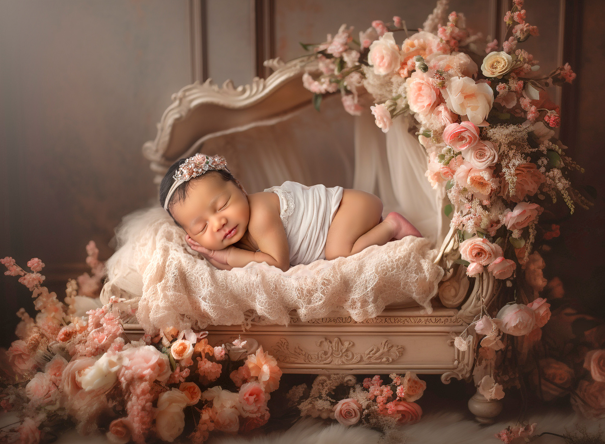 In Studio Newborn Photography newborn baby girl sleeping in a princess daybed surrounded by peach colored roses