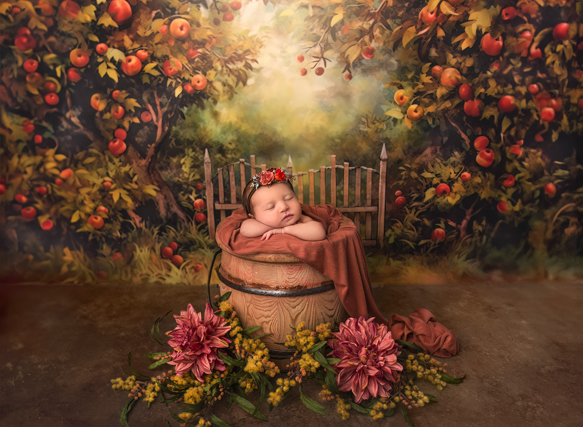 Newborn Maternity Photographer baby girl sleeping in a honey bucket in an apple orchard.