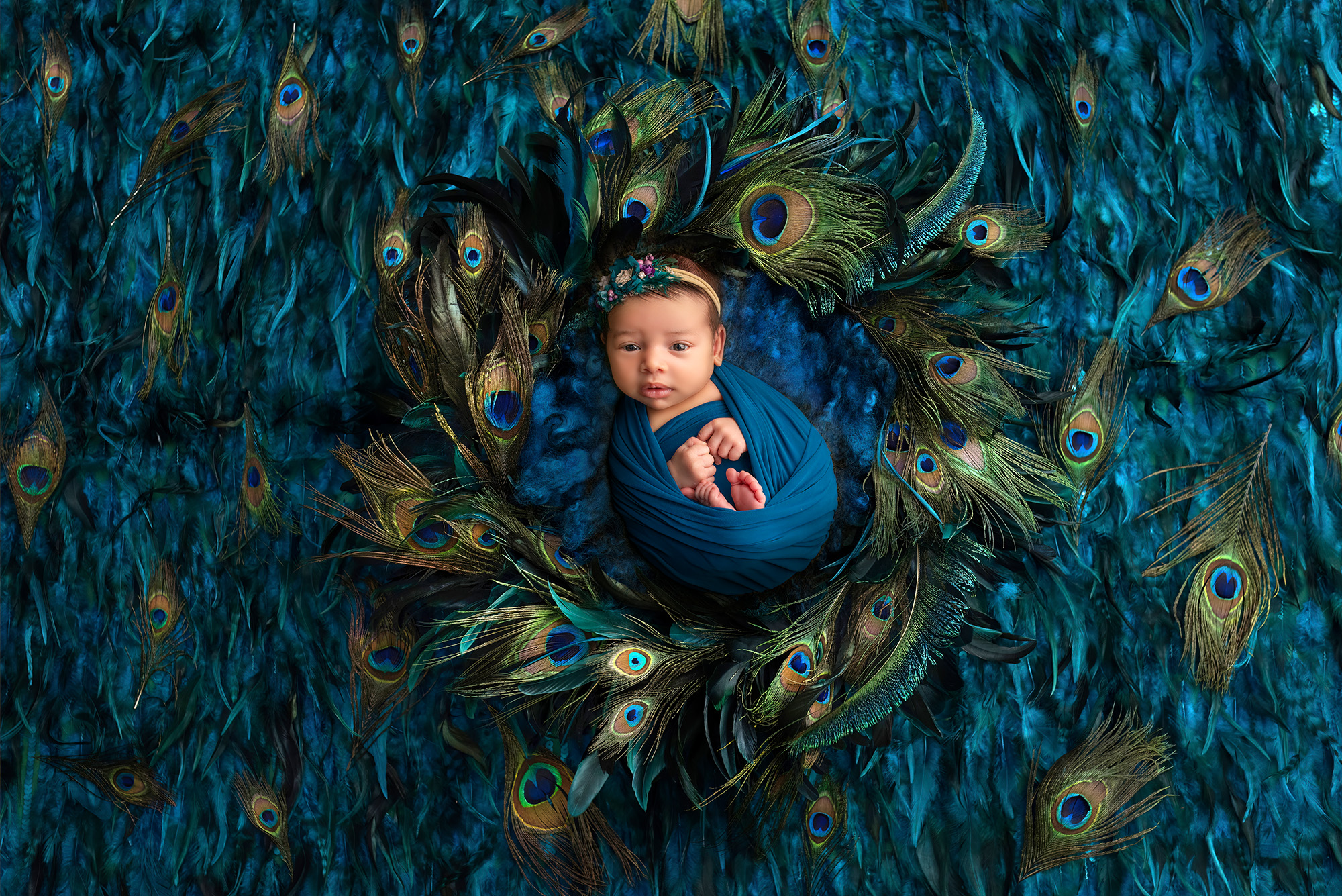 awake newborn baby girl wrapped and resting in a nest of peacock feathers