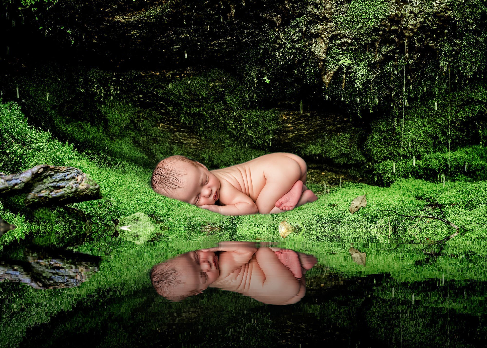 newborn baby composite into forest glen by water