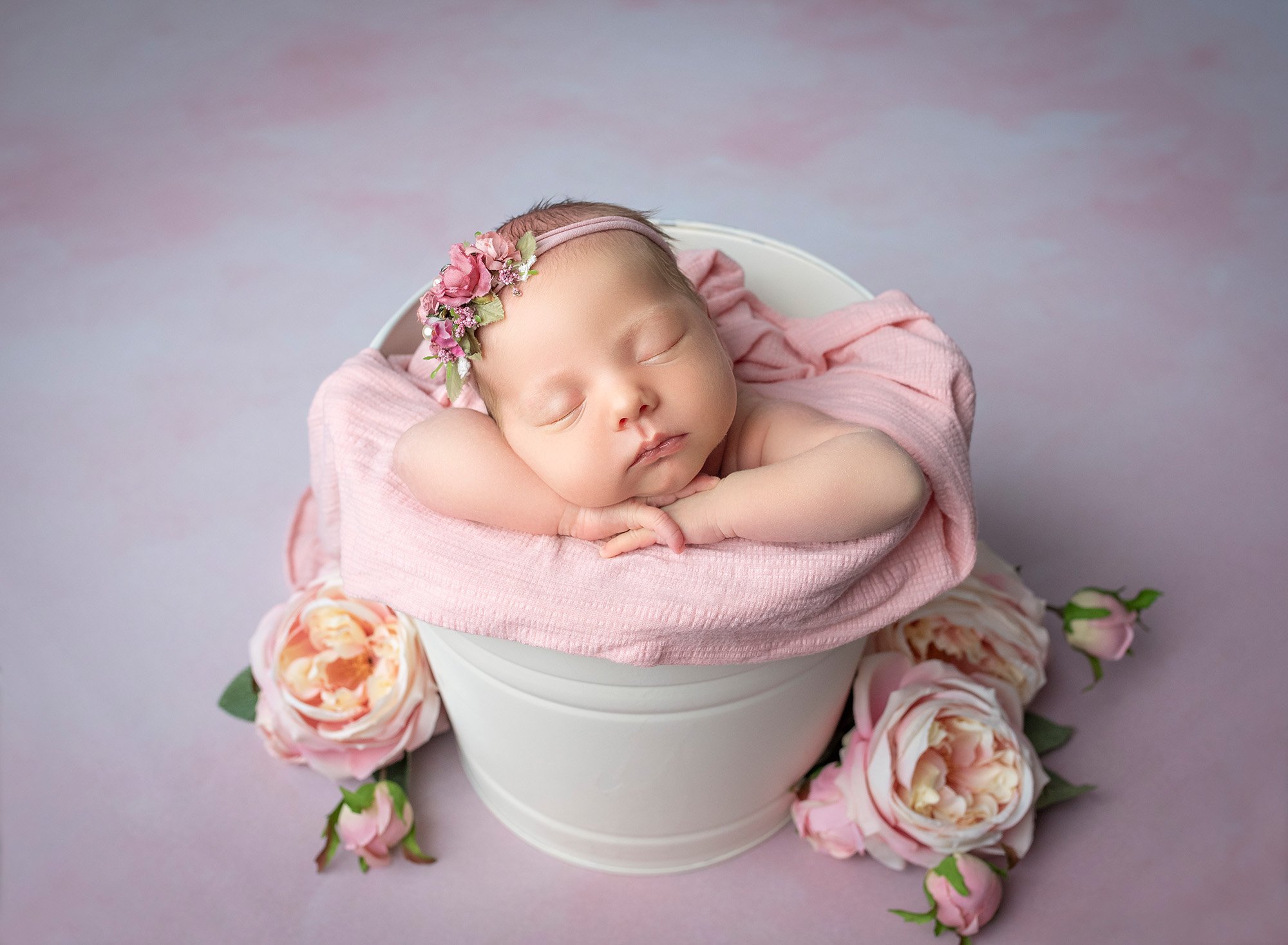posed newborn photography baby sleeping with her head on her hands in a bucket